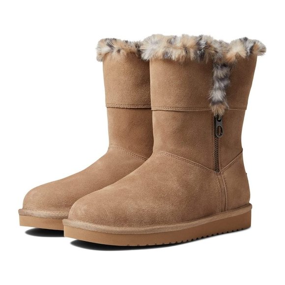 NIB UGG KOOLABURRA WOMEN'S CLASSID‎ SHORT SUEDE LEOPARD FUR LINED BOOTS TAN - Picture 1 of 6